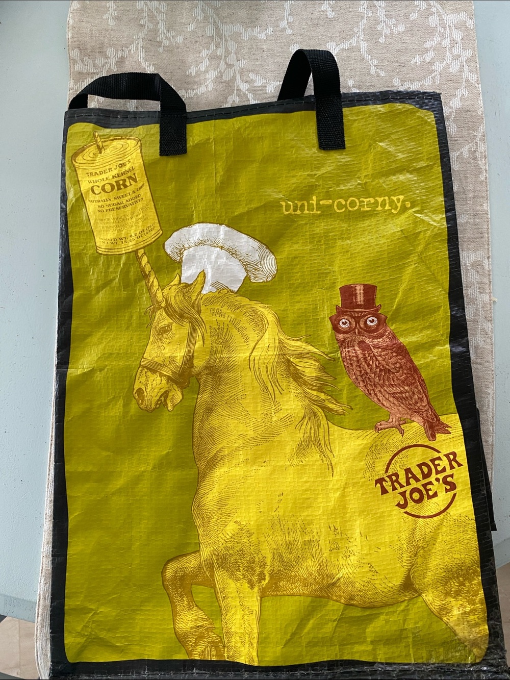 Trader Joe's Reusable Eco Shopping Tote Bag Rare Owl Unicorn Perky Uni-Corny